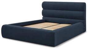 Pat matrimonial albastru închis tapițat cu spațiu de depozitare și somieră 160x200 cm Jagna – Bobochic Paris