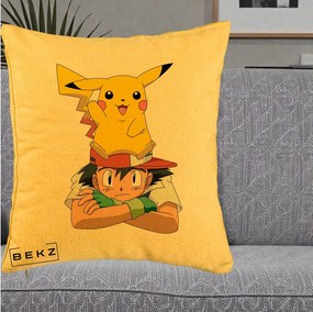 Perna Personalizata Ash si Pikachu, 40x40 cm, Galben, Husa Detasabila, Perna Inclusa, BEKZ®