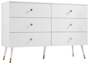 Comodă cu 6 sertare, cu model geometric și mânere în formă de diamant, pentru dormitor și living, 120x40x80 cm, Alb