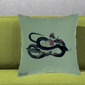 Perna Decorativa Sarpe Negru cu Flori Gothic, 40x40 cm, Verde, Husa Detasabila, Perna Inclusa, BEKZ®