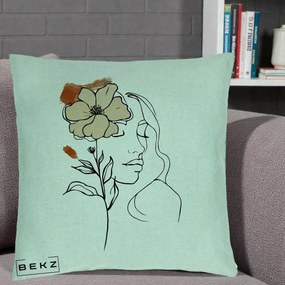 Perna Decorativa Portret Feminin Floare Bej Terracotta, 40x40 cm, Verde Menta, Husa Detasabila, Perna Inclusa, BEKZ®