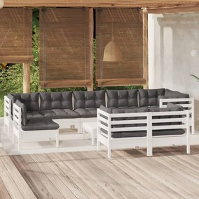 vidaXL Set mobilier grădină cu perne, 10 piese, alb, lemn masiv pin