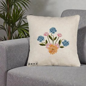 Perna Decorativa Buchet Primavara Acuarela, 40x40 cm, Bej Canapea, Husa Detasabila, Perna Inclusa, BEKZ®