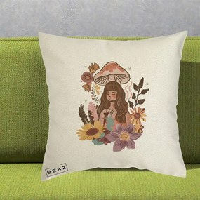 Perna Decorativa Fata Ciuperca Boho Florala, 40x40 cm, Ecru, Husa Detasabila, Perna Inclusa, BEKZ®