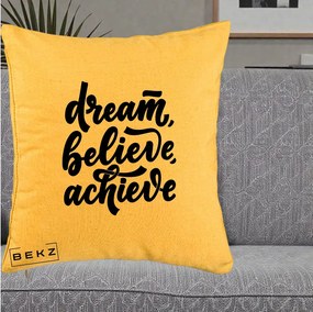 Perna Decorativa Dream Believe Achieve, 40x40 cm, Galben, Husa Detasabila, Perna Inclusa, BEKZ®
