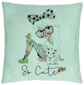 Perna Decorativa, Model So Cute, 40x40 cm, Verde Menta, Husa Detasabila, Burduf