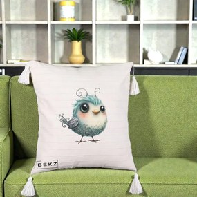 Perna Decorativa Pui Teal cu Aripioare Ornamentale, 40x40 cm, Bej cu Franjuri, Husa Detasabila, Perna Inclusa, BEKZ®