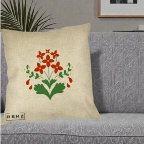 Perna Decorativa Buchet Floral Folk Rosu-Verde, 40x40 cm, Crem, Husa Detasabila, Perna Inclusa, BEKZ®