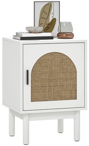 HOMCOM Noptieră cu Ușă din Răchită Raft Reglabil și Picioare din Lemn Stil Bohem 40x35x58 cm Alb | Aosom Romania