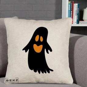 Perna Decorativa Halloween Fantoma Neagra cu Ochi Portocalii, 40x40 cm, Bej Canapea, Husa Detasabila, Perna Inclusa, BEKZ®