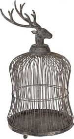 Colivie decorativă din metal cu motiv cerb, finisaj gri antichizat, Ø26x50 cm