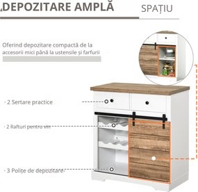 HOMCOM Dulap Rustic de Bucătărie cu 2 Sertare, Rafturi Deschise și Suport pentru Sticle, Bufet din Lemn și Metal, 80x39x86 cm, Alb