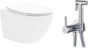 Pachet vas wc suspendat Rea Carlo Mini, capac softclose si set dus igiena intima crom cu baterie incastrata Invena Bidetta