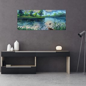 Tablou- Pictură în ulei, seară de vară lângă lac (120x50 cm)