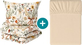 Set lenjerie de pat creponata FLORAL RIBBON POLY colorata + cearsaf Jersey 180 x 200 cm bej deschis, pat dublu