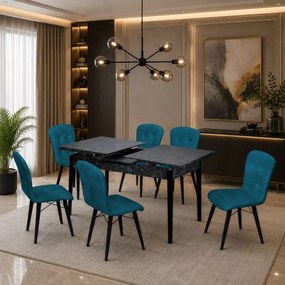 Set masa extensibila negru marmorat cu 6 scaune tapitate Beluga culoare turcoaz