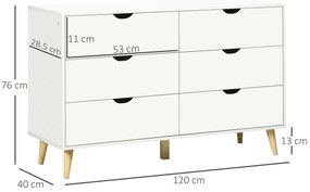 HOMCOM Comodă cu 6 Sertare și Mânere, Comodă din Lemn de Pin și Melamină, 120x40x76 cm, Alb
