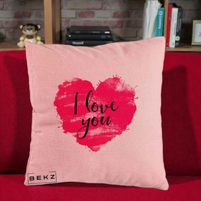 Cadou Romantic - Perna Personalizata I Love You Inima Roz, 40x40 cm, Roz, Husa Detasabila, Perna Inclusa, BEKZ®