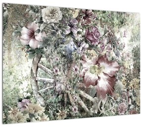 Tablou pe sticlă - Flori pe roata de lemn (70x50 cm)