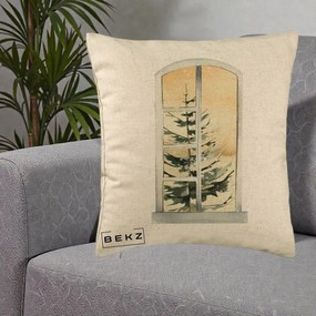 Perna Decorativa Fereastra cu Brad de Iarna, 40x40 cm, Bej, Husa Detasabila, Perna Inclusa, BEKZ®