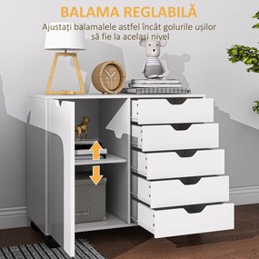 HOMCOM Dulap Lateral cu 5 Sertare, Dulap cu Raft Reglabil, Mobilier pentru Birou pe Roți, Suport pentru Imprimantă pentru Biroul de Acasă, Alb | Aosom Romania