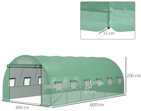 Prelată de seră Outsunny din PE cu 12 ferestre, ușă rulantă și margini îngropate, 6x3x2 m, de culoare verde | Aosom Romania