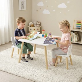 AIYAPLAY Set Masă și 2 Scaune pentru Copii 3-6 ani, Masă și Scaune cu Spătar în Formă de Urechi, 60x60x44 cm, Alb | Aosom Romania