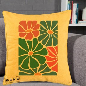Perna Decorativa Flori Grafice Verde-Roz-Albastru, 40x40 cm, Galben, Husa Detasabila, Perna Inclusa, BEKZ®