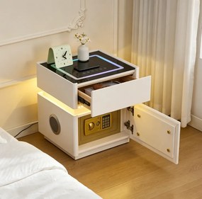 LUNÉA — Noptieră inteligentă cu seif integrat, încărcare wireless, Bluetooth Stereo, iluminare RGB, USB + Type-C și senzor de mișcare, Alb