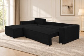 Colțar extensibil Livia Mini din catifea reiată, negru, colț pe stânga, cu ladă de depozitare
