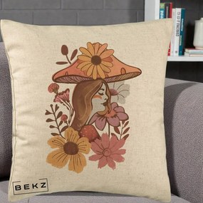 Perna Decorativa Fata Ciuperca Florala Boho, 40x40 cm, Bej, Husa Detasabila, Perna Inclusa, BEKZ®