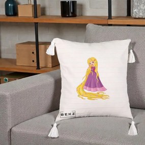 Perna Personalizata Rapunzel Par Lung Floral, 40x40 cm, Bej cu Franjuri, Husa Detasabila, Perna Inclusa, BEKZ®