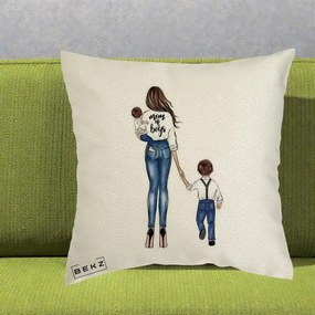Cadou pentru Mama - Perna Personalizata Mom of Boys Mama cu Baietii, 40x40 cm, Ecru, Husa Detasabila, Perna Inclusa, BEKZ®