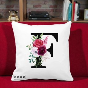 Cadou Personalizat - Perna Personalizata Monograma Florala Litera F, 40x40 cm, Alba Mata, Husa Detasabila, Perna Inclusa, BEKZ®