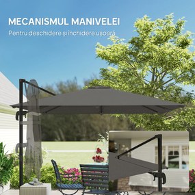 Outsunny Umbrelă Decentralizată de Grădină cu Manivelă 3x3m și Bază cu Greutăți Umplibile, Umbrelă de Exterior Pătrată Inclinabilă și Rotativă 360°, din Aluminiu pentru Terasă sau Piscină, UV30+, Gri Închis | Aosom Romania