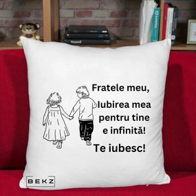 Cadou pentru Frate - Perna Personalizata Fratele Meu Te Iubesc Copii Tinand Maini Varianta 2, 40x40 cm, Alb Pufos, Husa Detasabila, Perna Inclusa, BEKZ®