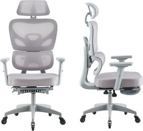 Scaun ergonomic, cotiere 3D, suport lombar adaptiv, spătar reglabil pe inaltime, tetiera 3D, suport pentru picioare, pivotant, Mesh, Gri