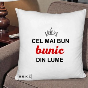 Cadou pentru Bunic - Perna Personalizata Cel Mai Bun Bunic Din Lume Coroana Rosu, 40x40 cm, Alb Pufos, Husa Detasabila, Perna Inclusa, BEKZ®