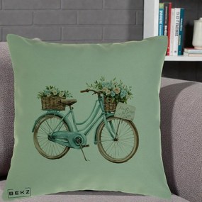 Perna Decorativa Bicicleta Teal cu Cosuri Duble de Flori Vintage, 40x40 cm, Verde, Husa Detasabila, Perna Inclusa, BEKZ®