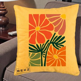 Perna Decorativa Flori Grafice Roz-Orange-Albastru, 40x40 cm, Galben, Husa Detasabila, Perna Inclusa, BEKZ®