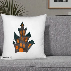 Perna Decorativa Halloween Casa Bantuita Minimalista, 40x40 cm, Alb Pufos, Husa Detasabila, Perna Inclusa, BEKZ®