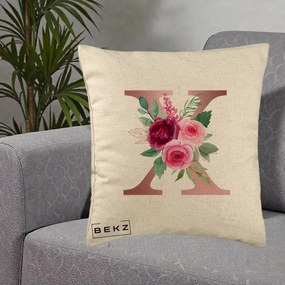 Cadou Personalizat - Perna Personalizata Monograma Rose Gold Litera X, 40x40 cm, Bej, Husa Detasabila, Perna Inclusa, BEKZ®
