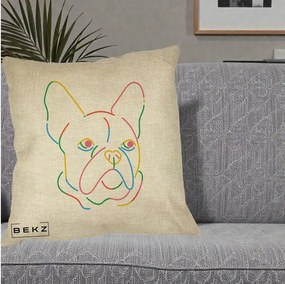 Perna Decorativa Bulldog Francez Line Art Curcubeu, 40x40 cm, Crem, Husa Detasabila, Perna Inclusa, BEKZ®