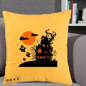 Perna Decorativa Halloween Casa Bantuita cu Fantome, 40x40 cm, Galben, Husa Detasabila, Perna Inclusa, BEKZ®