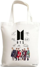 Sacosa de Panza pentru Cumparaturi, Geanta Tote, model BTS Army 1, 38x34.5 cm, Alba, BEKZ®
