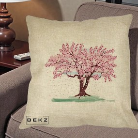 Perna Decorativa Cires Inflorit Acuarela, 40x40 cm, Crem, Husa Detasabila, Perna Inclusa, BEKZ®