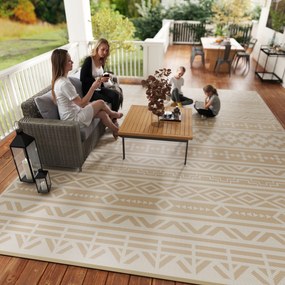 Outsunny Covor Exterior Reversibil 3,7 x 2,7 m, covor de pardoseală model perete geometric din PP geantă de transport kaki și bej deschis | Aosom Romania