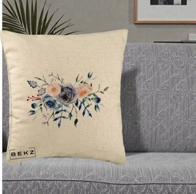 Perna Decorativa Buchet Flori Albastre Acuarela, 40x40 cm, Bej, Husa Detasabila, Perna Inclusa, BEKZ®