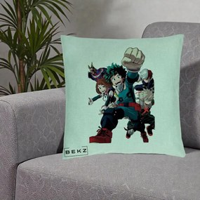 Perna Personalizata My Hero Academia Izuku Deku si Echipa, 40x40 cm, Verde Menta, Husa Detasabila, Perna Inclusa, BEKZ®