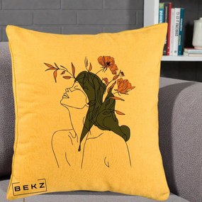 Perna Decorativa Portret Feminin Profil Flori Portocalii, 40x40 cm, Galben, Husa Detasabila, Perna Inclusa, BEKZ®